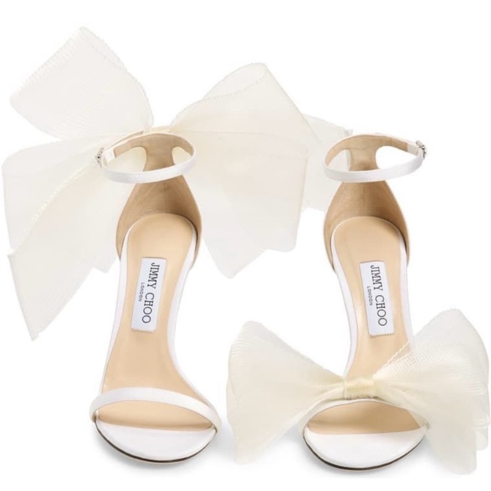 Jimmy Choo Aveline 100 Sandals w/Asymmetric Grosgrain Mesh Fascinator Bows NEW